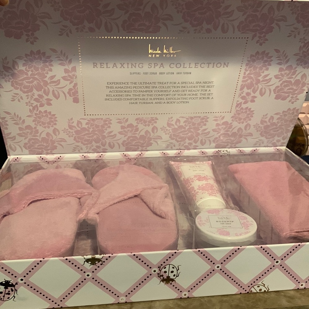 Nicole Miller Spa Collection- slippers, foot scrub, body lotion, and hair turban
